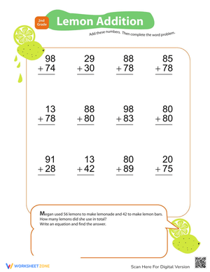 Add & Carry: Lemon Themed Addition Worksheet