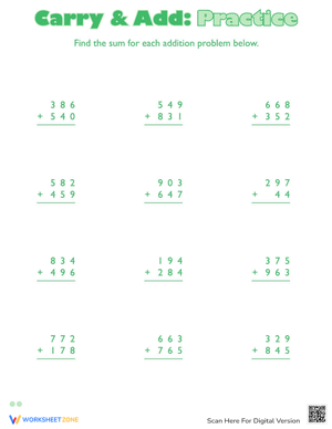 Addition with Carrying: Practice Skills