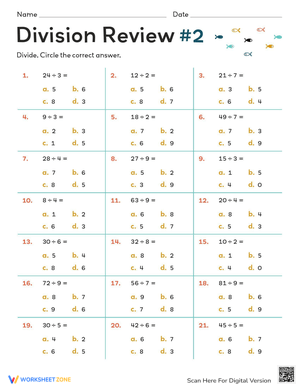Multiple Choice Division Facts Practice Worksheet