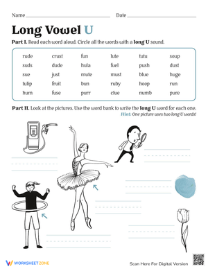 Learn Long Vowel 'U' Phonics Worksheet