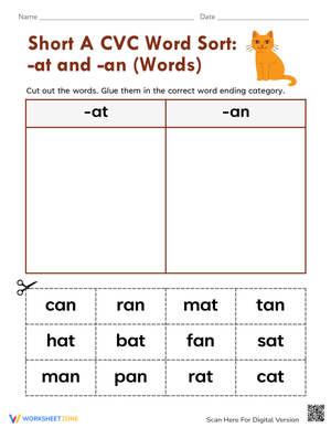 Short 'A' CVC Word Sort: 'at' and 'an'