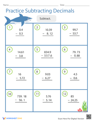 Practice Subtracting Decimals with This Worksheet