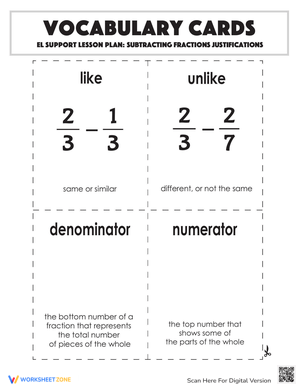 Subtracting Fractions Vocabulary Cards