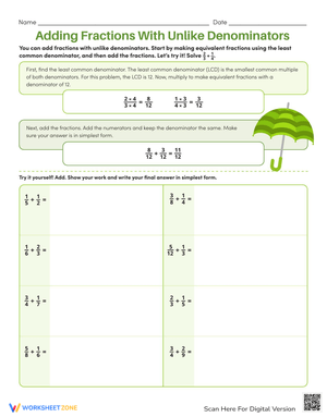 Adding Fractions: Unlike Denominators Practice