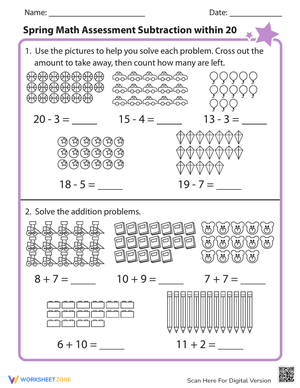 Spring Math Assessment: Subtraction Within 20