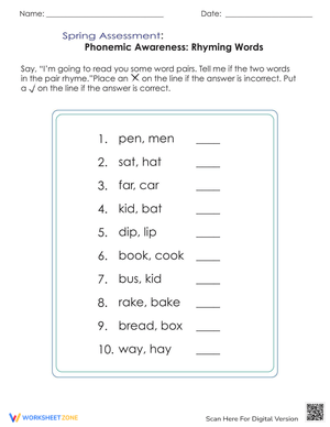 Spring Assessment: Rhyming Word Pairs Practice