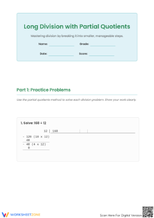Partial Quotients Division Worksheet | Grade 4-5 Essential
