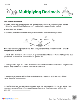 Multiplying Decimals Word Problems Worksheet
