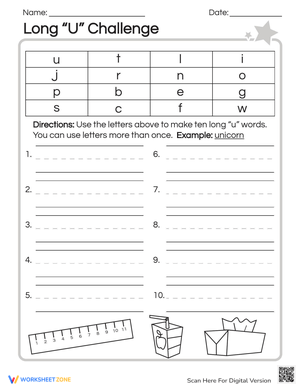 Long U Challenge: Phonics Worksheet