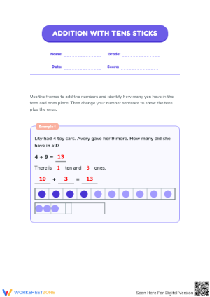 Printable Addition with Tens Sticks Worksheet | Grade 1