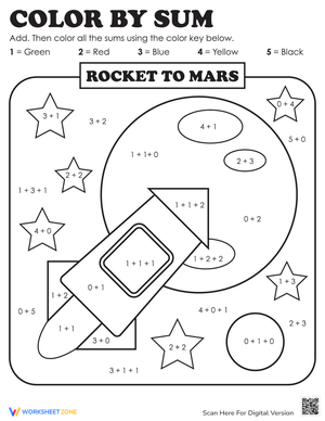 Color by Sum: Mars-Themed Addition Worksheet
