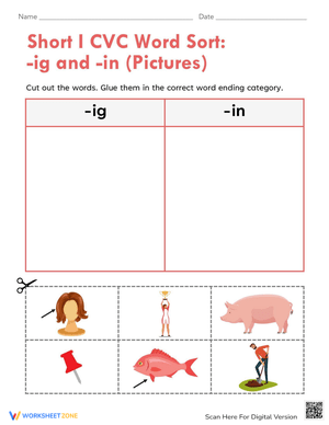 Phonics Practice: -ig and -in Word Sorting
