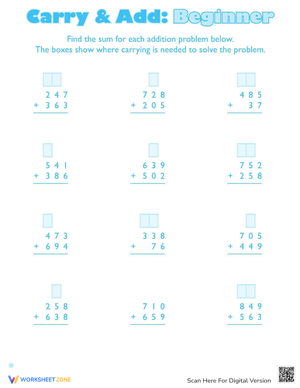 Addition with Carrying Skills Worksheet