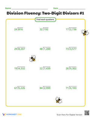 Division Fluency: Two-Digit Divisors Practice