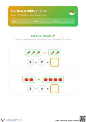 Printable Garden Addition: Visual Sums within 10 Worksheet