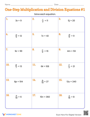 One-Step Multiplication and Division Equations Practice