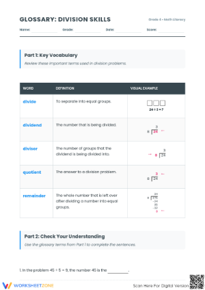 Essential Division Vocabulary Worksheet | Grade 4 Printable