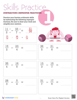 Subtracting Improper Fractions Practice