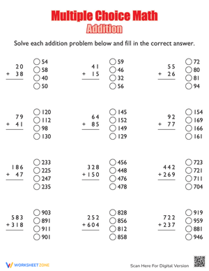 Multiple Choice Math Addition Practice