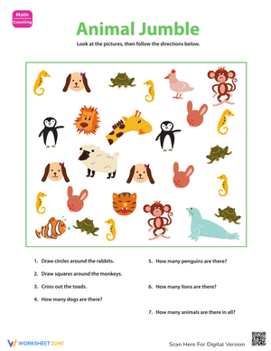 Sort & Count Animal Jumble Worksheet