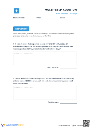 Printable Multi-Step Addition Word Problems | Grade 4-5