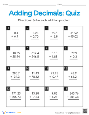 Adding Decimals Quiz