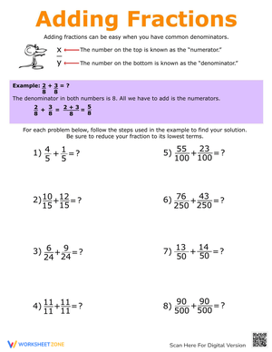 Adding Fractions Worksheet | Practice with Common Denominators