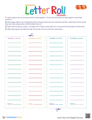 Letter Roll Game: Kindergarten Level One