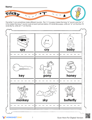 Tricky "Y" Worksheet: Learn Long and Short Sounds