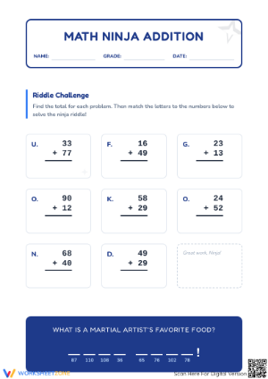 Printable 2-Digit Addition with Regrouping Ninja Riddle