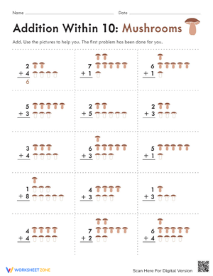 Mushroom Themed Addition Worksheet