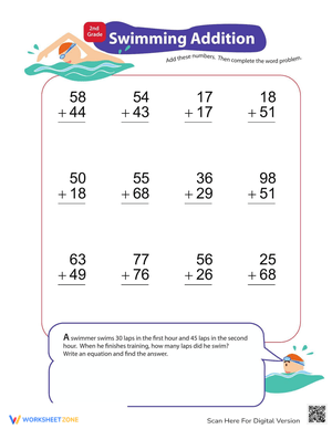 Add and Carry: Swimming Themed Addition Worksheet