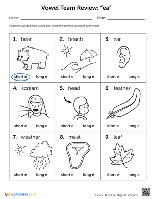 Vowel Team Review: EA Practice Worksheet