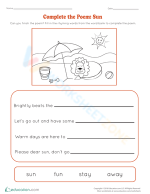 Complete the Poem: Sun Themed Worksheet