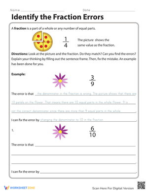 Identify the Fraction Errors Worksheet