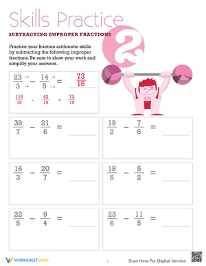 Subtracting Improper Fractions Worksheet 2