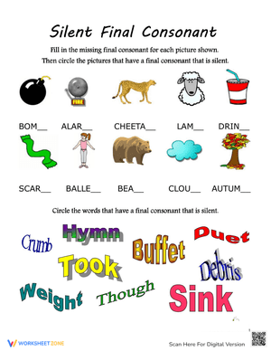 Silent Consonants: Fill and Circle Worksheet