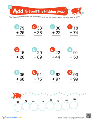 Addition Hidden Word Game Worksheet