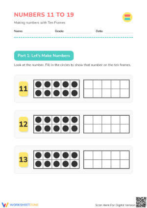 Essential Grade K Ten Frames Worksheet: Numbers 11–19