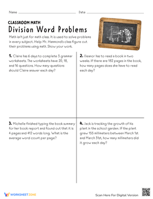 Division Word Problems: Classroom Worksheet