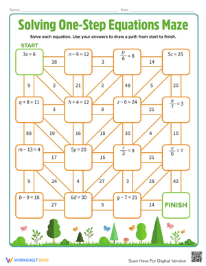 Solving One-Step Equations Maze Worksheet