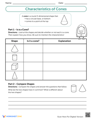 Characteristics of Cones Worksheet