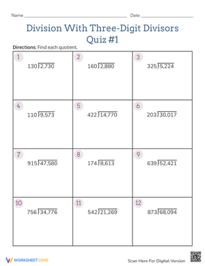 Division with Three-Digit Divisors Worksheet