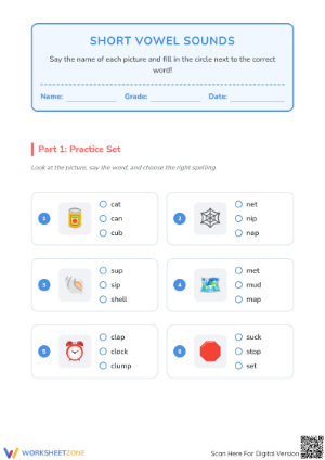 Grade K Short Vowel Sounds — Printable No-Prep Worksheet