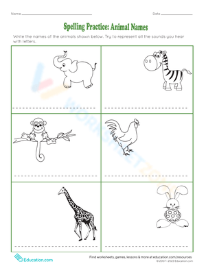 Spelling Practice: Animal Names Worksheet