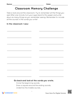 Classroom Memory Challenge Worksheet