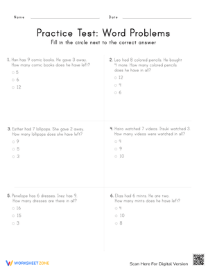 Practice Test Word Problems Worksheet