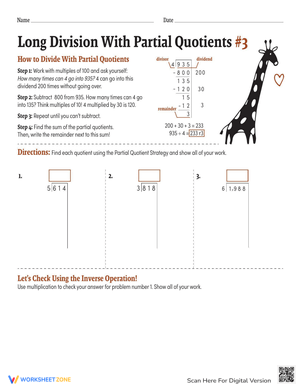 Long Division with Partial Quotients Worksheet