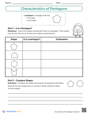 Characteristics of Pentagons Worksheet