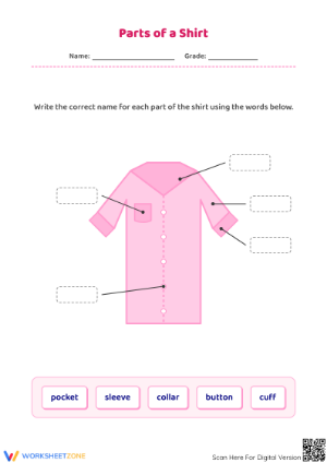 Parts of a Shirt Vocabulary Worksheet | Grade 1 Printable